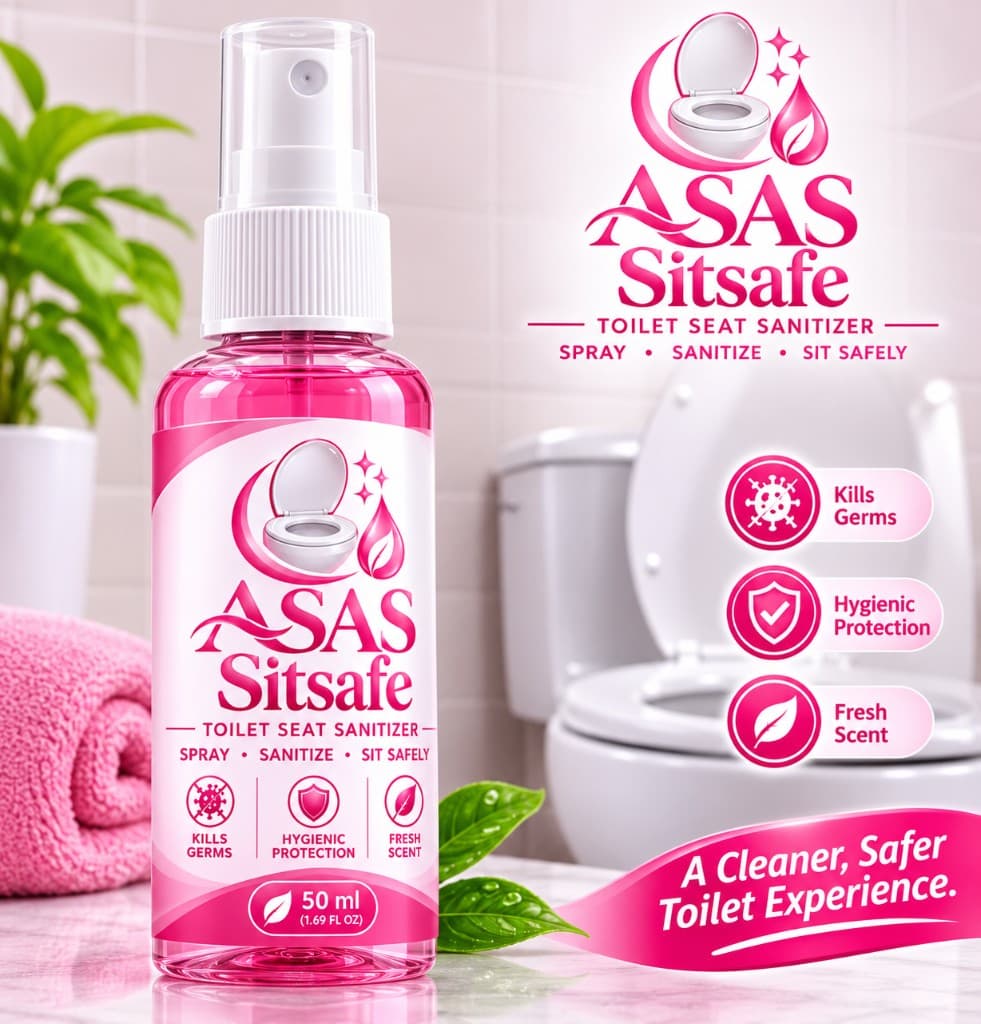 ASAS Seat Shield toilet seat sanitizer 50 ml spray bottle on a bathroom counter