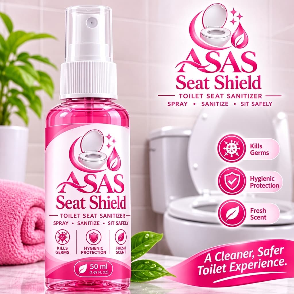 ASAS Seat Shield toilet seat sanitizer 50 ml spray bottle on a bathroom counter